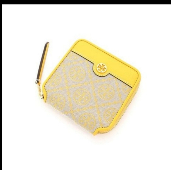 Tory Burch Yellow T Monogram Jacquard Bi Fold Wallet - Picture 1 of 11